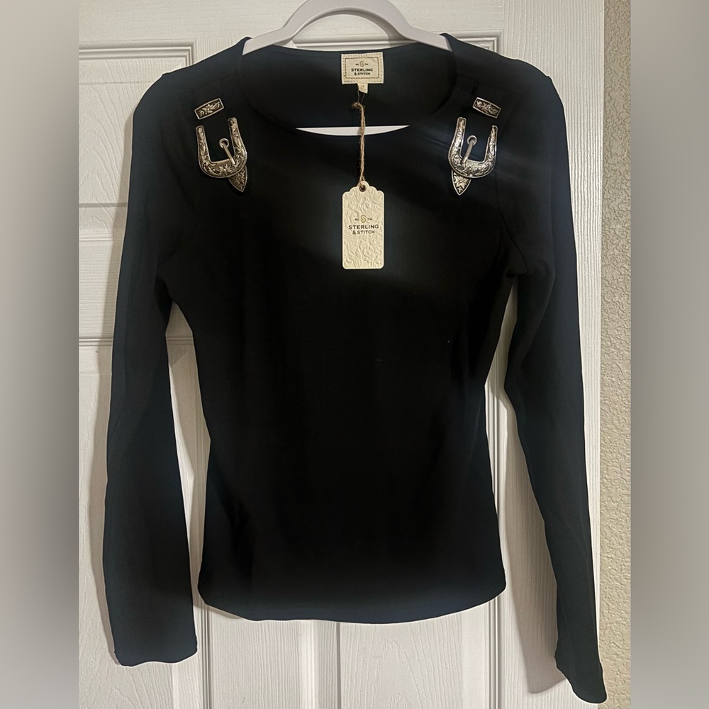 Sterling & Stitch Black Long Sleeve Top with Buckle Details